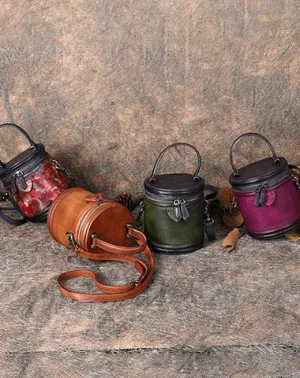 Womens Leather Barrel Handbag Purses Vintage Handmade Round Shoulder Bag Bucket Crossbody Handbag for Women cheap online