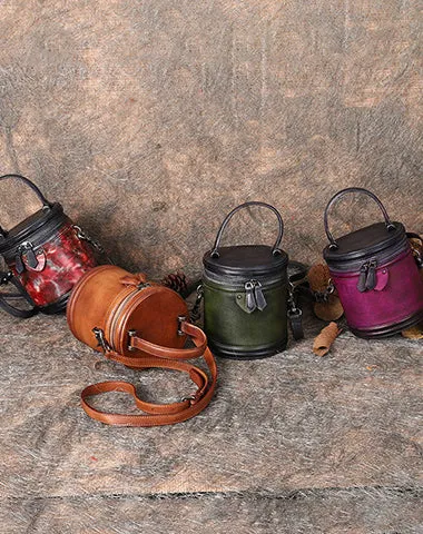 Womens Leather Barrel Handbag Purses Vintage Handmade Round Shoulder Bag Bucket Crossbody Handbag for Women cheap online