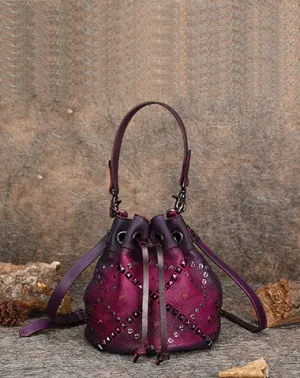 Womens Purple Leather Barrel Handbag Purse Vintage Rivet Round Shoulder Bag Bucket Crossbody Handbag for Women cheap online