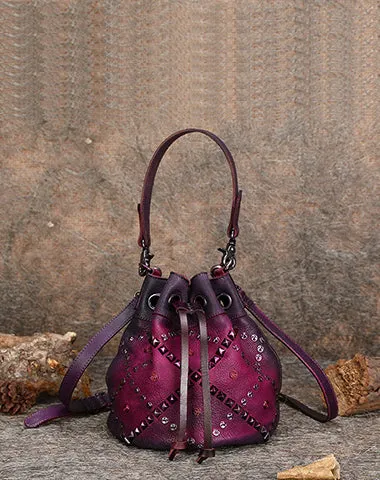 Womens Purple Leather Barrel Handbag Purse Vintage Rivet Round Shoulder Bag Bucket Crossbody Handbag for Women cheap online