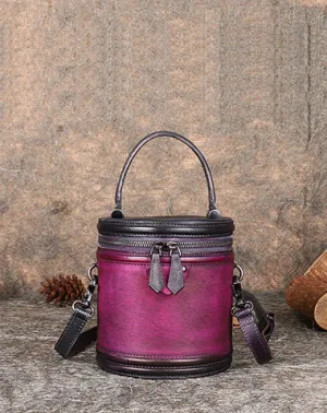 Womens Purple Leather Barrel Handbag Purses Vintage Handmade Round Shoulder Bag Bucket Crossbody Handbag for Women cheap online