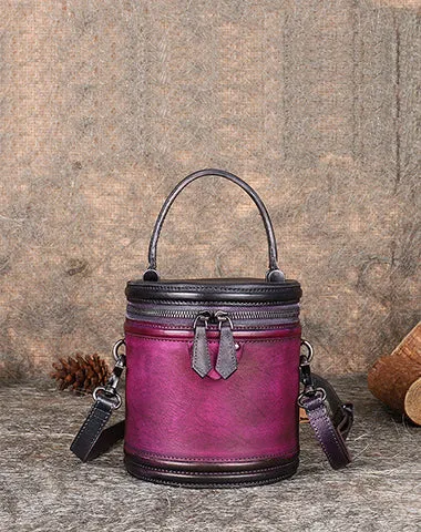 Womens Purple Leather Barrel Handbag Purses Vintage Handmade Round Shoulder Bag Bucket Crossbody Handbag for Women cheap online
