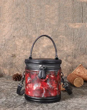 Womens Red Leather Barrel Handbag Purses Vintage Handmade Round Shoulder Bag Bucket Crossbody Handbag for Women cheap online