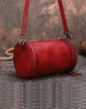 Womens Red Leather Barrel Shoulder Bag Purse Vintage Round Handbag Bucket Crossbody Purse for Women cheap online