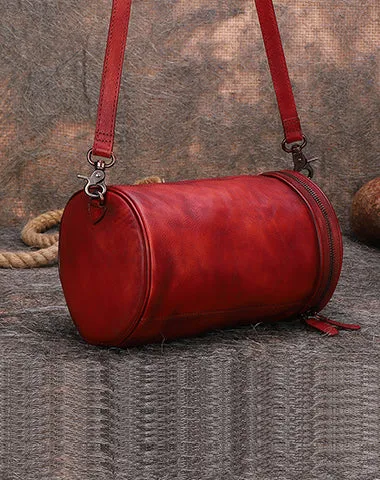 Womens Red Leather Barrel Shoulder Bag Purse Vintage Round Handbag Bucket Crossbody Purse for Women cheap online