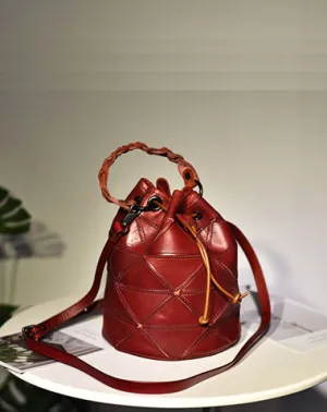 Womens Red Leather Bucket Shoulder Bag Purse Vintage Split Joint Barrel Round Handbag Crossbody Purse for Women cheap online