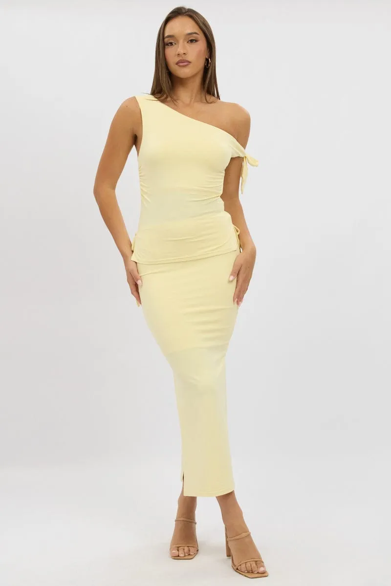 Yellow Midaxi Skirt Elastic Waist Spliced Bow Supersoft