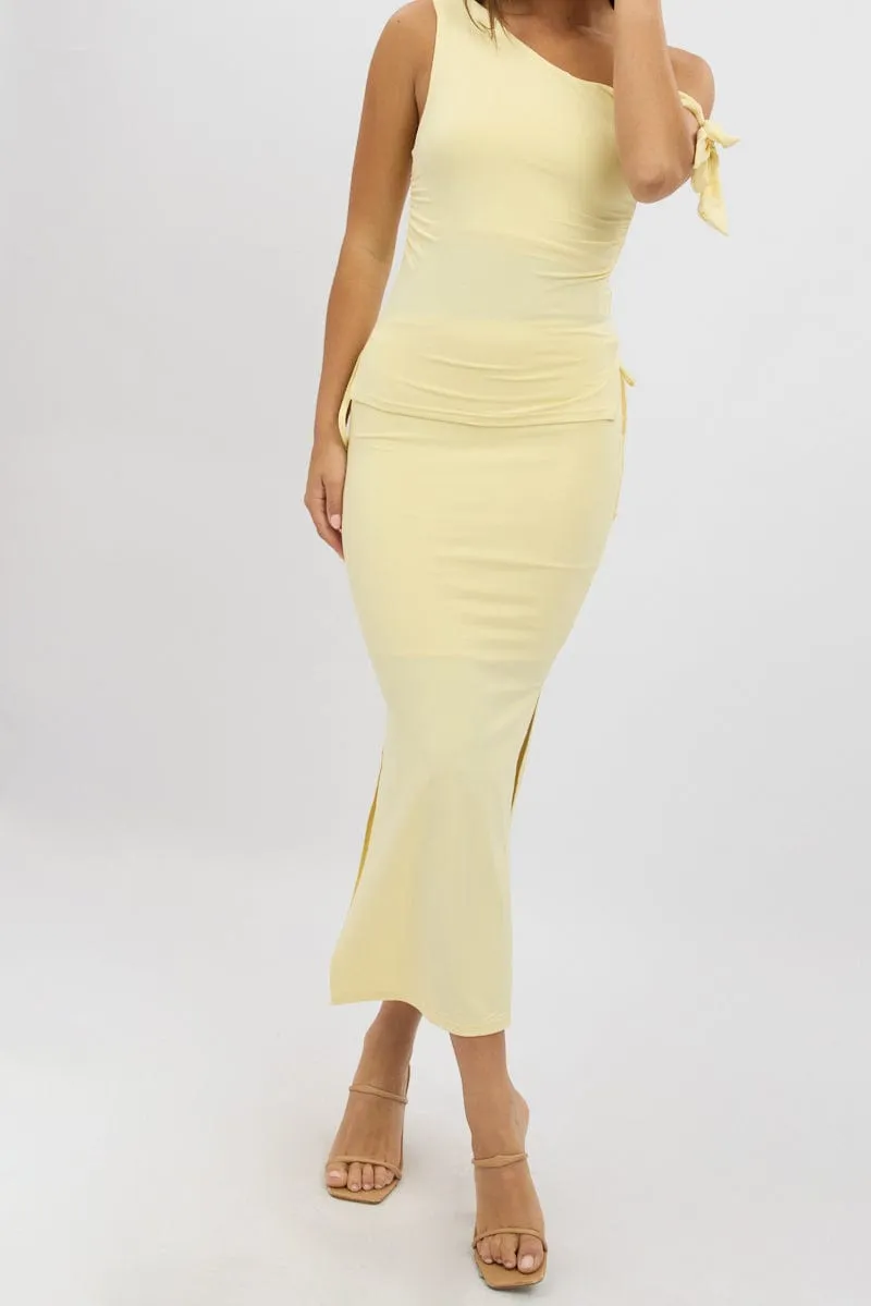 Yellow Midaxi Skirt Elastic Waist Spliced Bow Supersoft