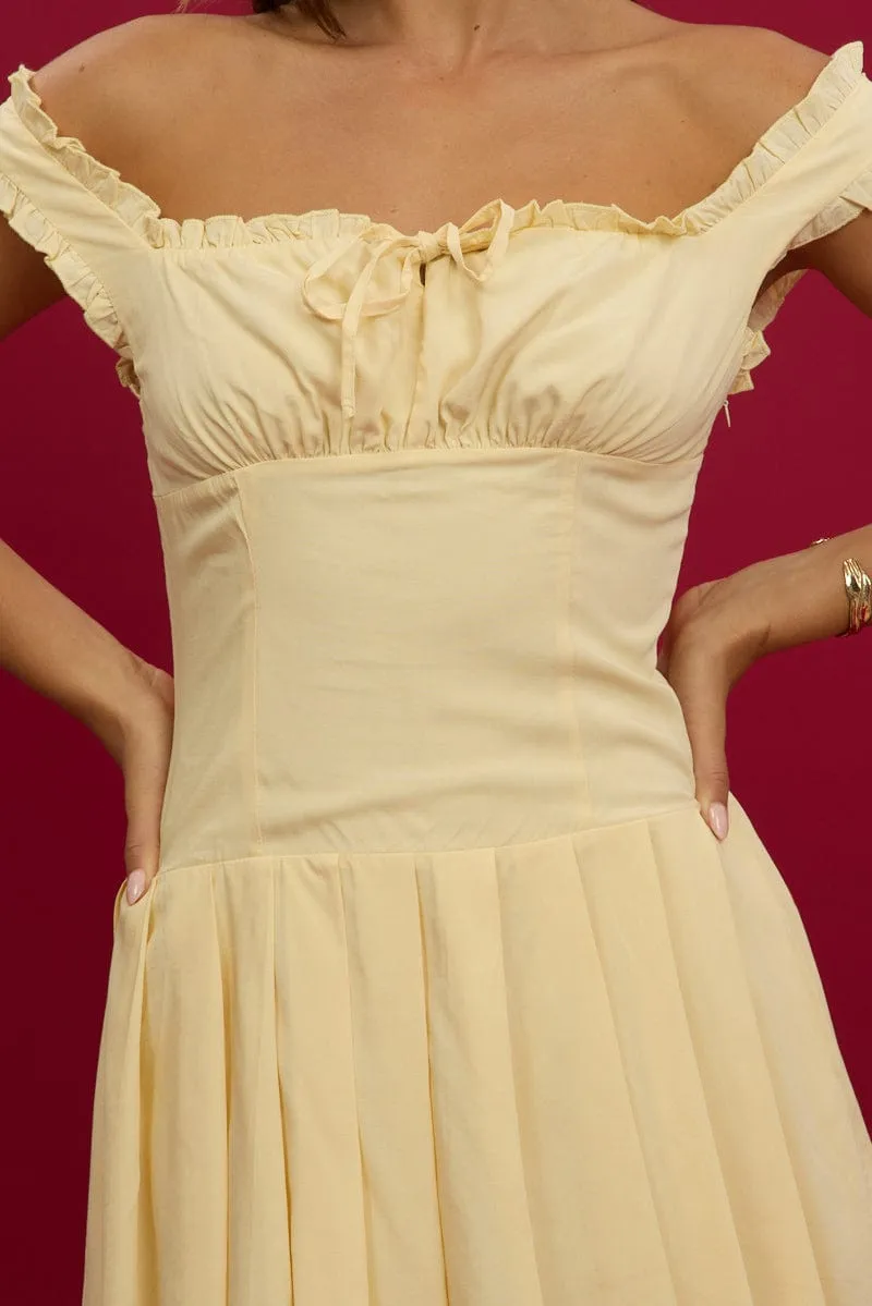 Yellow Mini Dress Pleated Skirt Gathered Bust