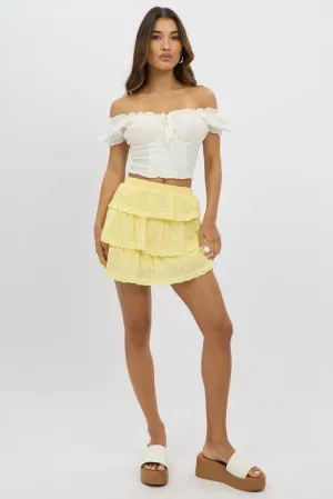 Yellow Mini Skirt Elastic Waist Layered Broidery Eyelet,skirt,denim skirt,mini skirt,maxi skirt,jean skirt,skort,tennis skirt,pleated skirt,pencil skirt,bubble skirt,plisse skirt,fitted skirt,midi skirt,short skirt,short mini skirt,leather skirt,a line ski