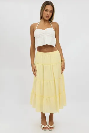 Yellow Tiered Midi Skirt,skirt,denim skirt,mini skirt,maxi skirt,jean skirt,skort,tennis skirt,pleated skirt,pencil skirt,bubble skirt,plisse skirt,fitted skirt,midi skirt,short skirt,short mini skirt,leather skirt,a line skirt